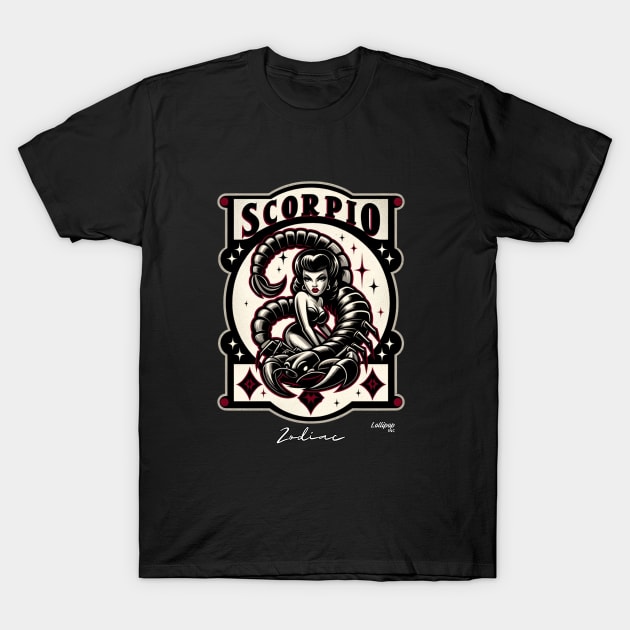 Scorpio's Card: The Enigmatic Enchanter - Pin up Vintage Retro Zodiac Sign T-Shirt by LollipopINC